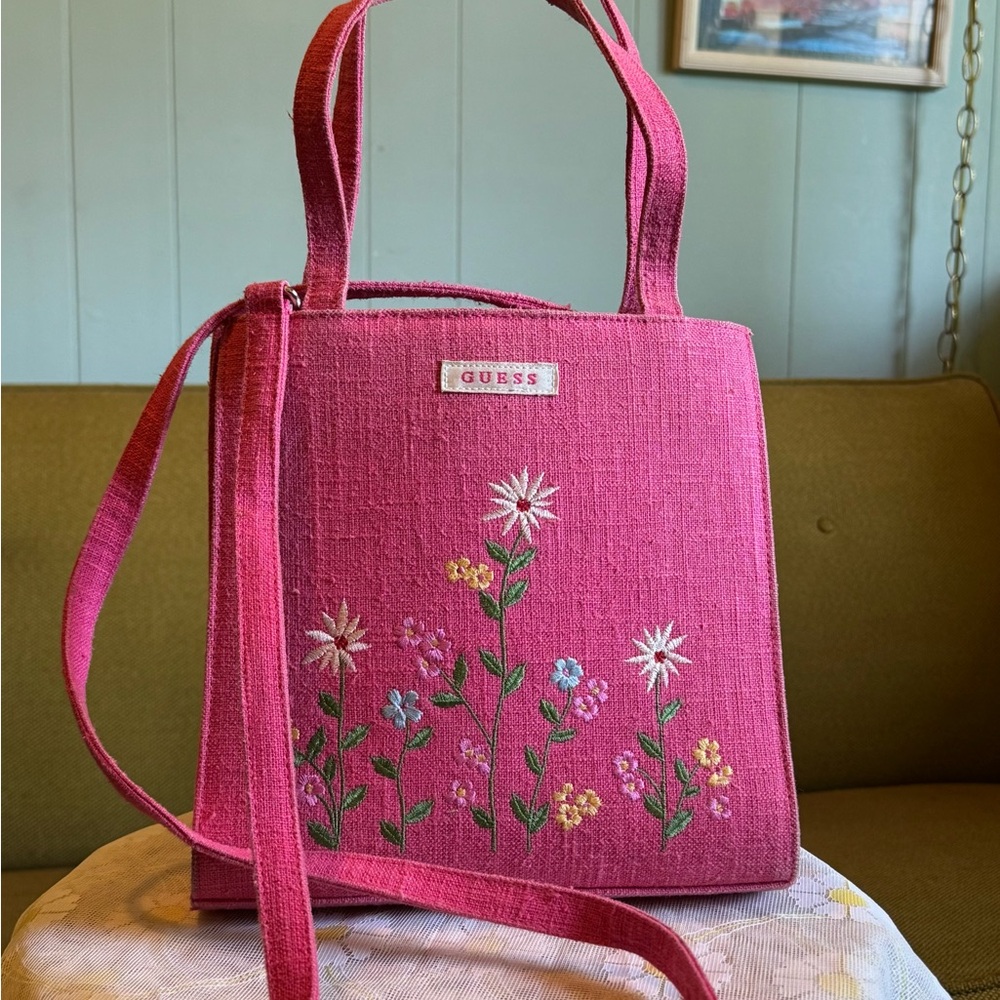 GUESS Pink Floral Embroidered Mini Tote Bag